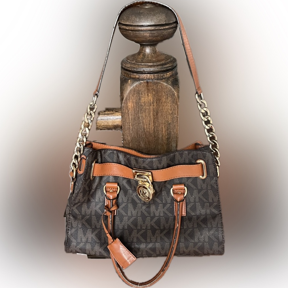 HOST PICK! Michael Kors Hamilton Signature Satchel Brown Gold Logo Leather Trim